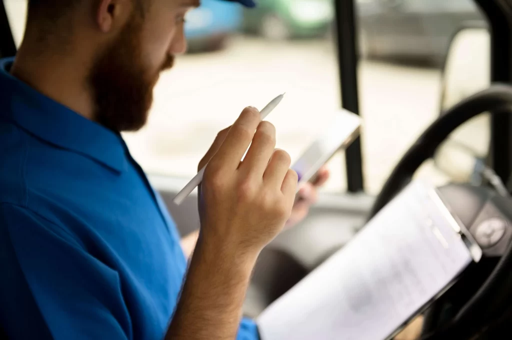 Worker diligently holding a pen, preparing a pre-trip inspection checklist to ensure fleet efficiency.