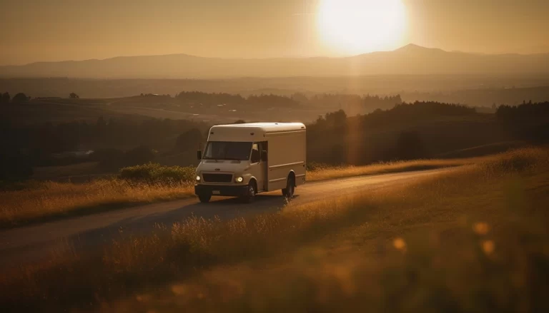 A truck driving along a mountain road with a stunning sunset in the background.