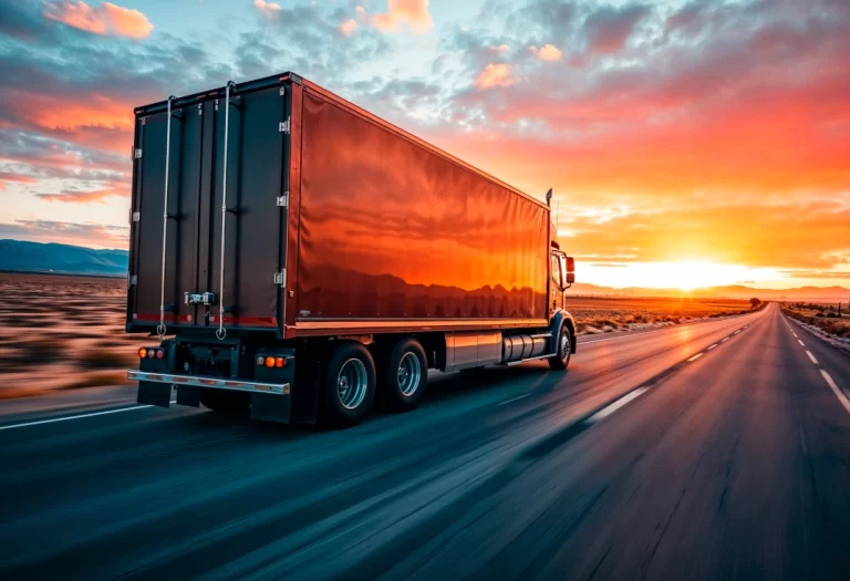 truck driving down a road toward a sunset