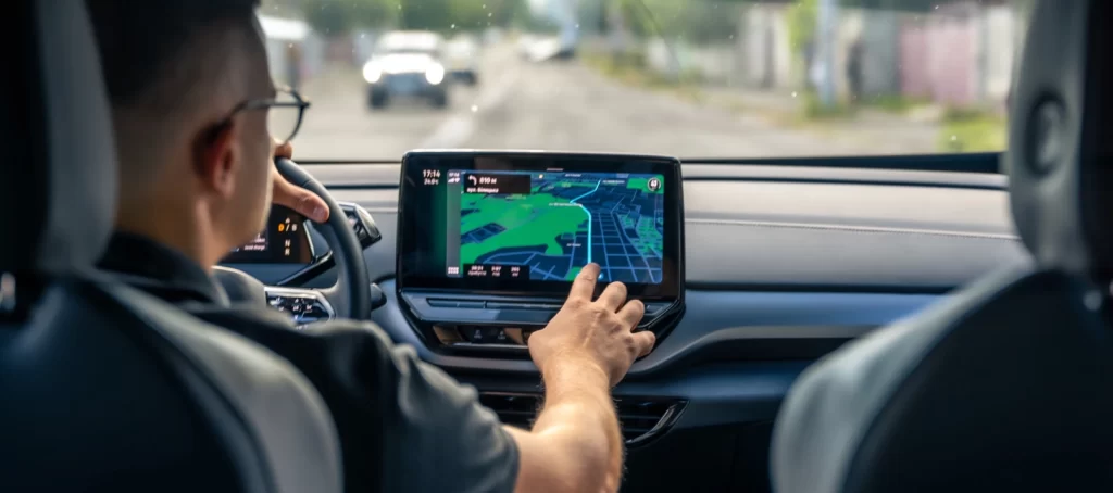 Man driving a vehicle with a touchscreen GPS navigation system showing a real-time route and map interface.