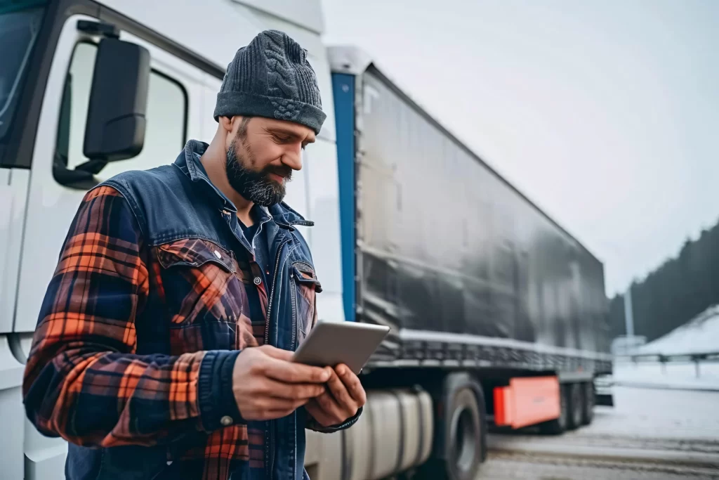 Truck driver in winter attire using a digital device near a semi-truck, illustrating digital fleet management and logistics communication