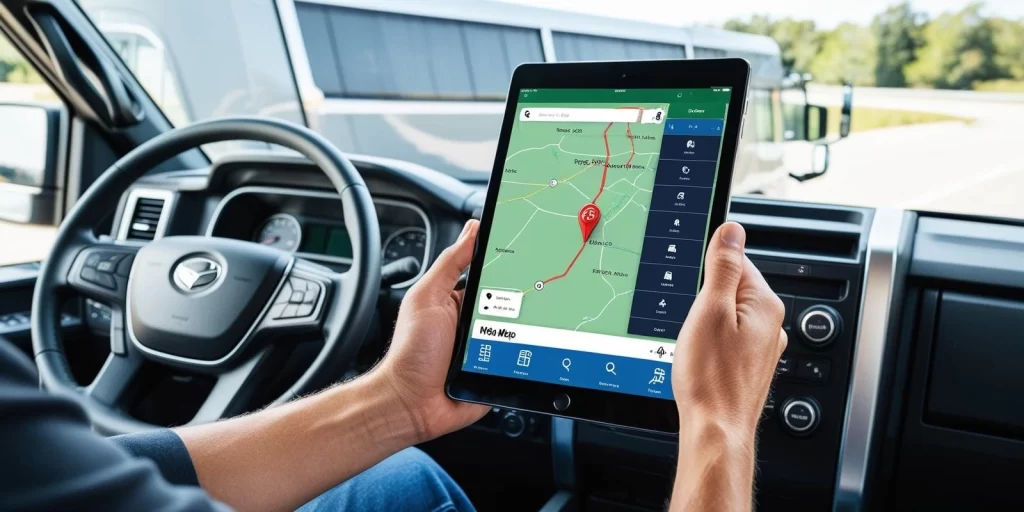 Truck driver using a digital tablet with a GPS map app inside a truck cabin, showing real-time route tracking and logistics technology