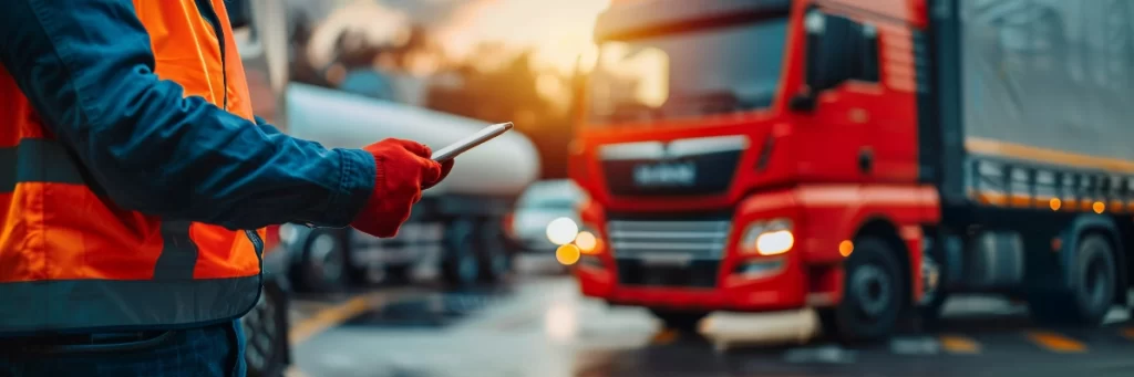 Logistics worker using a mobile device near a red freight truck in a loading zone during early morning operations.
