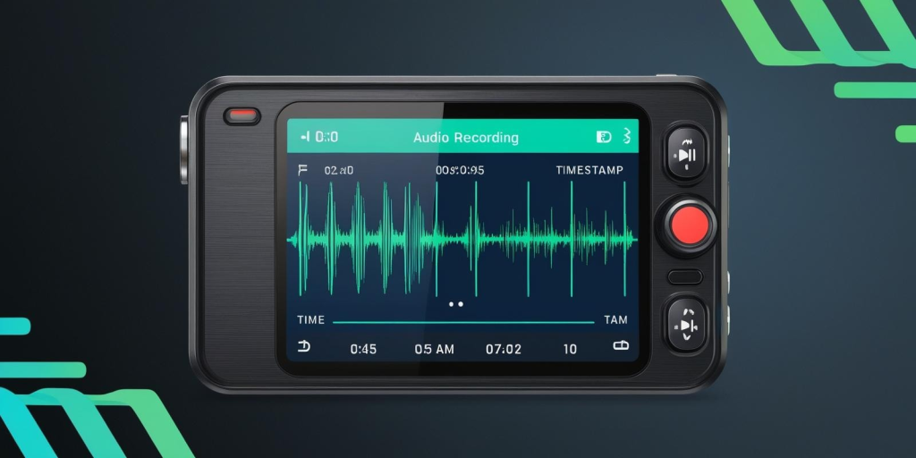 Dashboard camera audio recording interface showing sound waveform and timestamp for in-car evidence capture