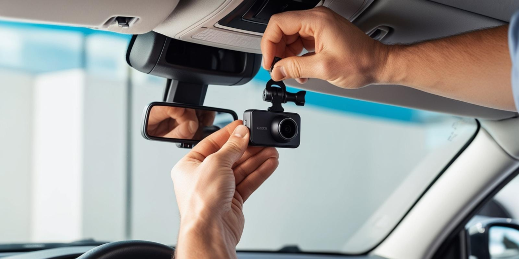 Person installing a high-definition dashcam on the windshield of a car for vehicle security and driving safety