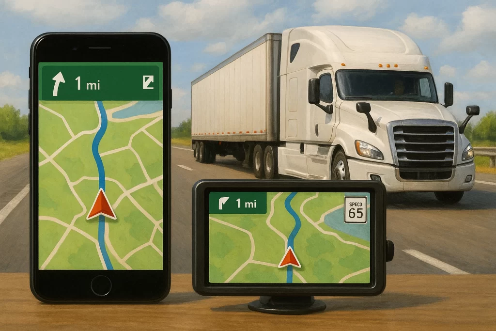 Truck on the road with smartphone and GPS device displaying navigation maps, representing fleet tracking and route optimization for logistics