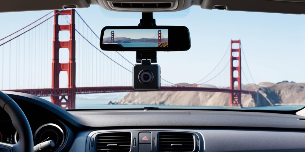 Vehicle dashcam recording scenic drive across Golden Gate Bridge for travel documentation and road safety