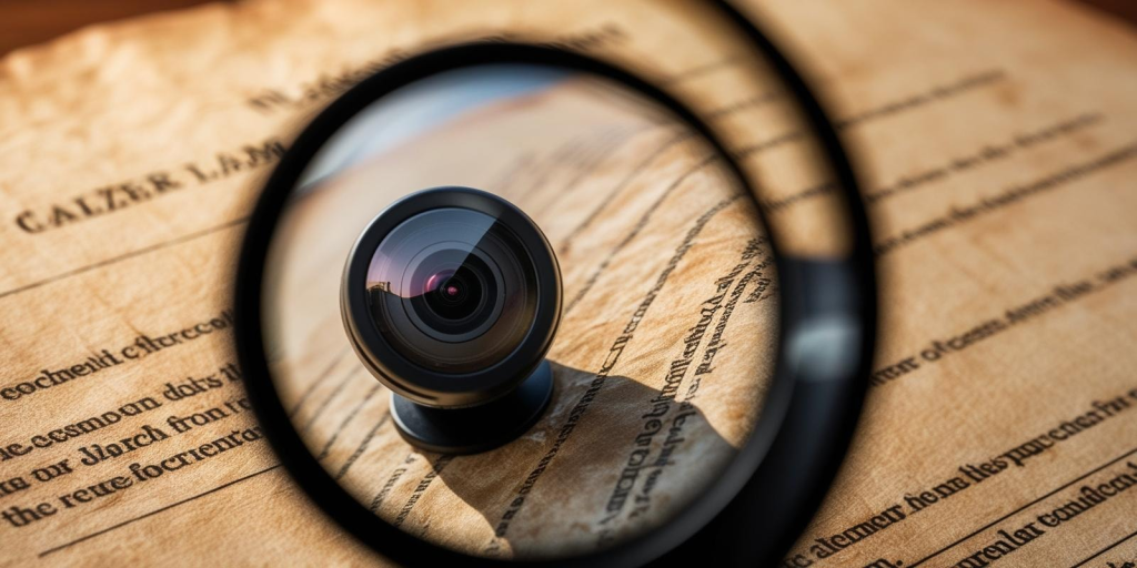 Surveillance camera lens magnified over legal document symbolizing privacy laws and recording regulations