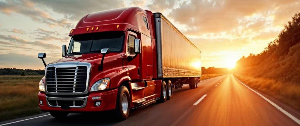 Red semi-truck driving on a highway at sunset, symbolizing long-haul freight and logistics transport.