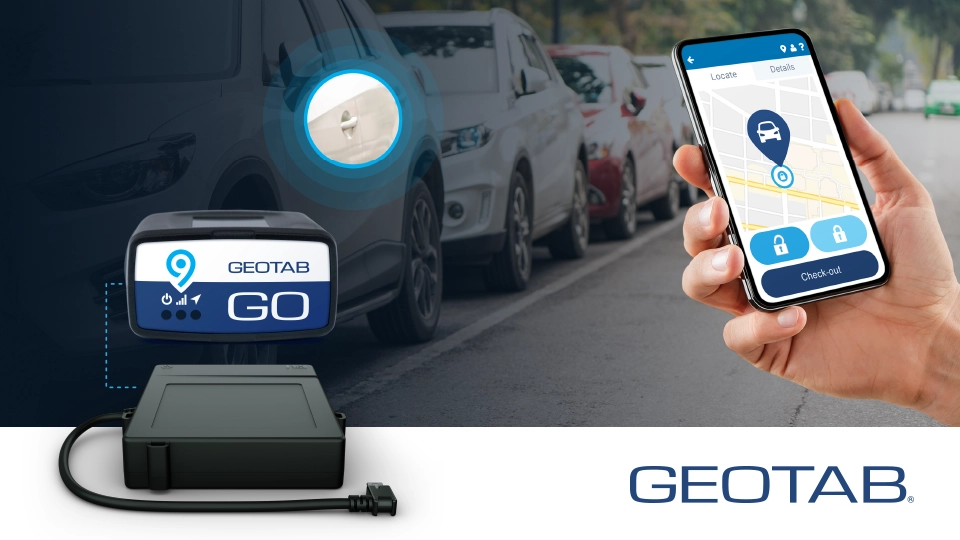Geotab GO telematics device and mobile app showing real-time vehicle tracking and fleet management features.