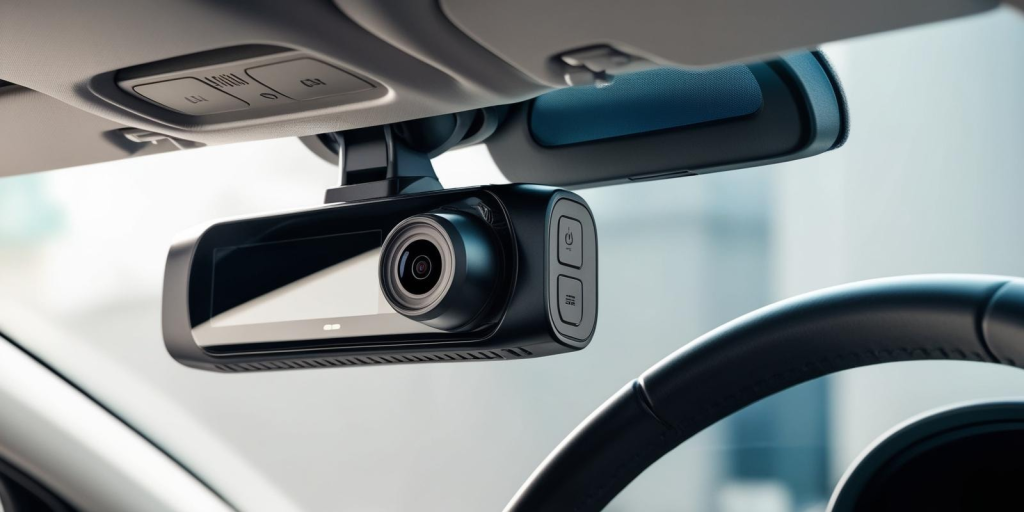 Advanced wide-angle dashcam installed inside a car to monitor driving behavior and ensure road safety