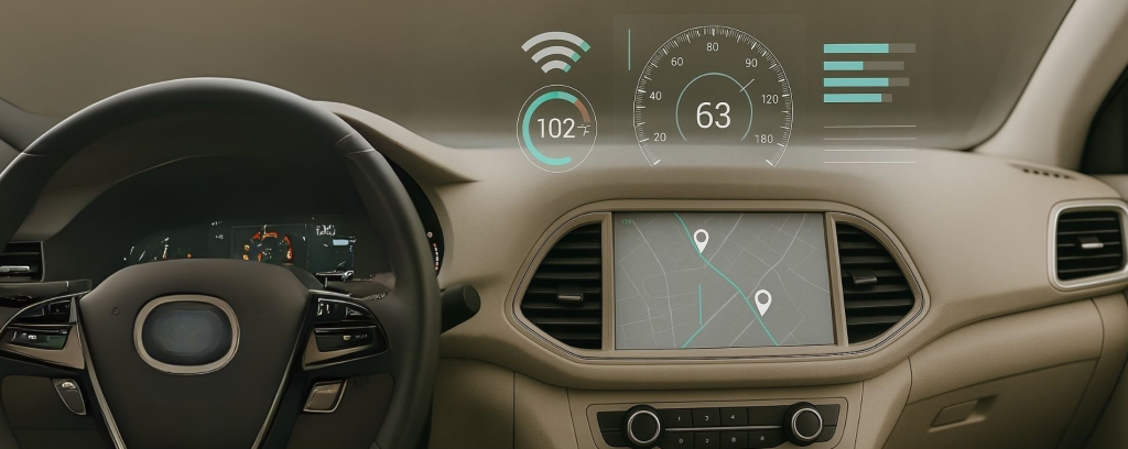 Modern car dashboard with integrated telematics showing speed, temperature, and navigation data for connected vehicle tracking and performance.
