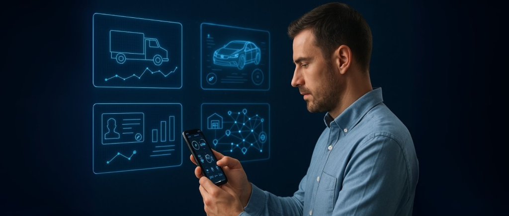 Man analyzing fleet performance on a mobile app with virtual dashboards displaying vehicle analytics, GPS tracking, and driver data insights.
