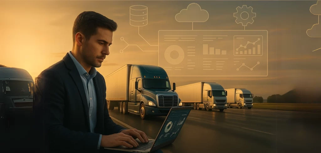 Modern freight trucks driving at sunrise with digital logistics data visualizations overlayed in the sky