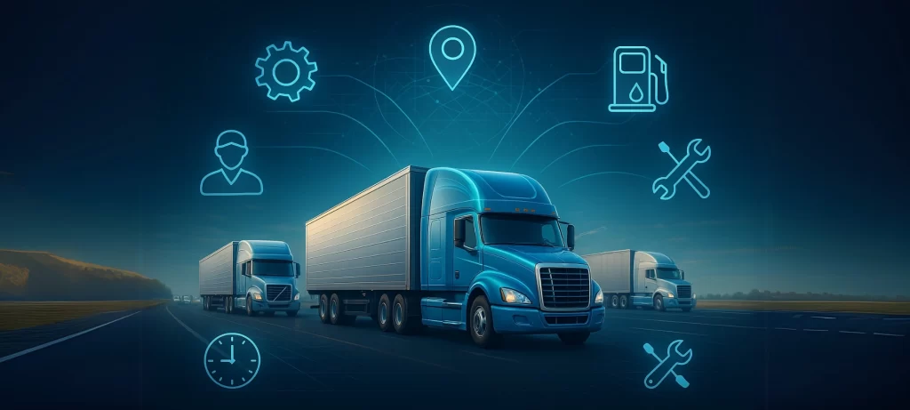 Fleet of trucks on highway with icons representing logistics, maintenance, GPS tracking, and fuel management