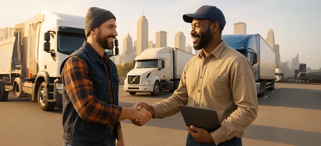 Two logistics professionals shaking hands in front of semi-trucks with city skyline in background