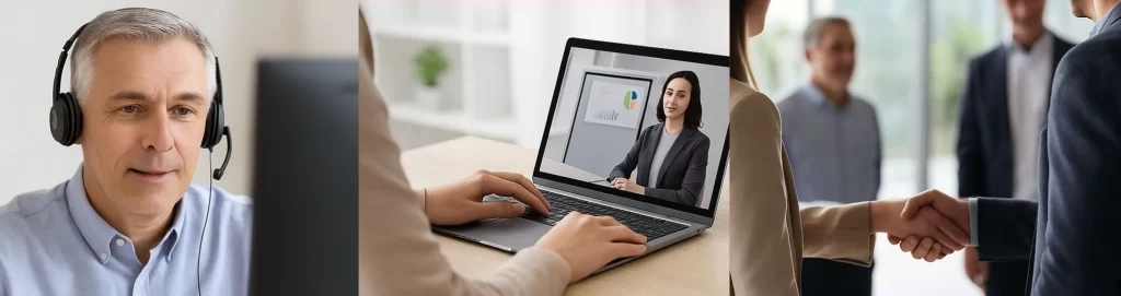 Business professionals engaging in online video meetings and closing deals with a handshake, symbolizing remote communication and partnership building.