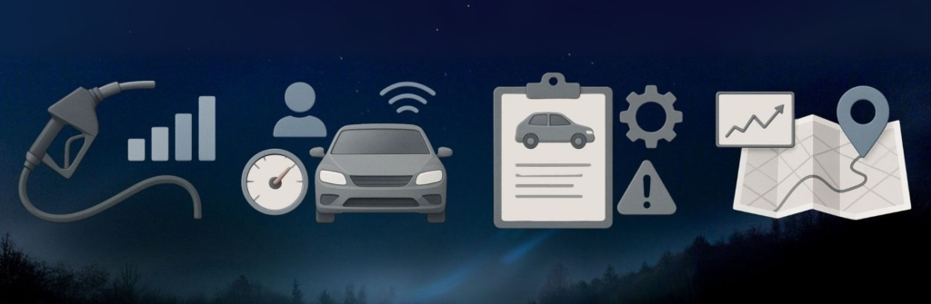 Illustrated icons representing key fleet telematics features including fuel monitoring, vehicle diagnostics, driver behavior tracking, GPS location, and performance analytics.