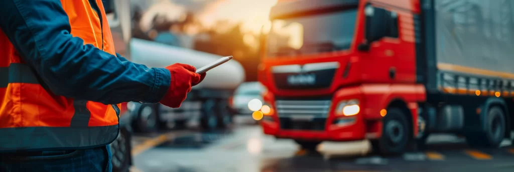 Worker in high-vis gear using a tablet at a busy truck terminal with red transport trucks in the background—real-time logistics and fleet coordination.