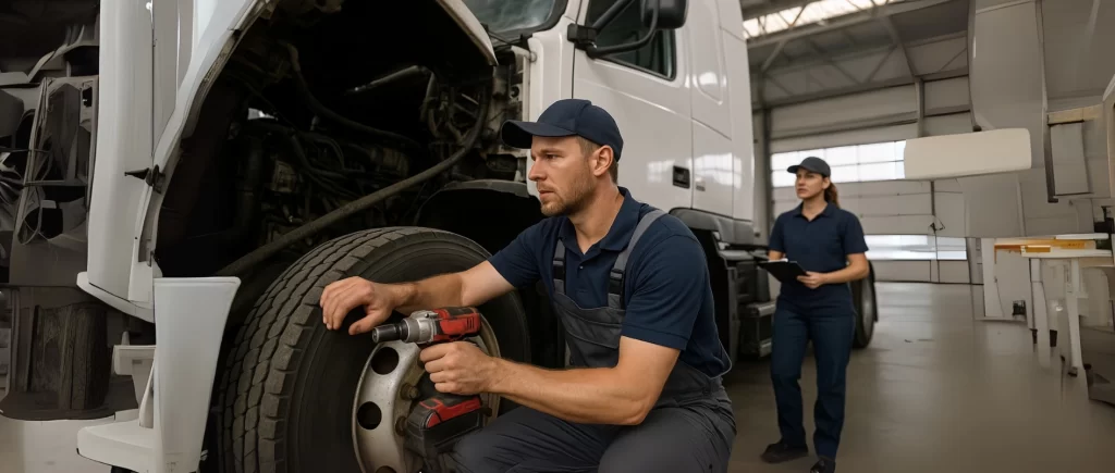 Truck mechanic using power tools to fix a tire while another team member holds a clipboard in a garage—fleet maintenance and repair in progress.