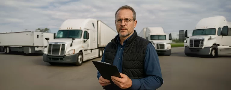 Fleet manager holding clipboard standing in front of a fleet of white semi-trucks at a logistics yard—fleet supervision and transport planning.