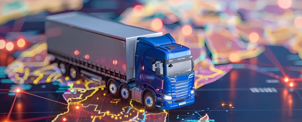 Futuristic illustration of a semi-truck on a digital map with glowing network lines, representing smart logistics, supply chain management, and global freight.