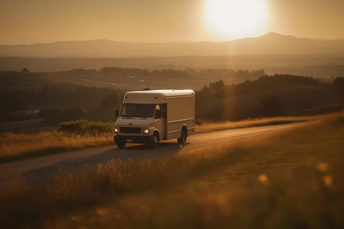 A truck driving along a mountain road with a stunning sunset in the background.