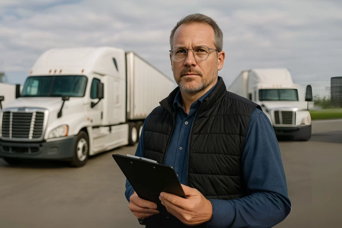 Fleet manager holding clipboard standing in front of a fleet of white semi-trucks at a logistics yard—fleet supervision and transport planning.