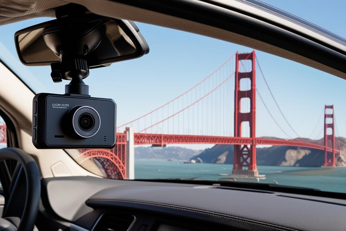Dashcam mounted on car windshield capturing footage of the Golden Gate Bridge during a drive
