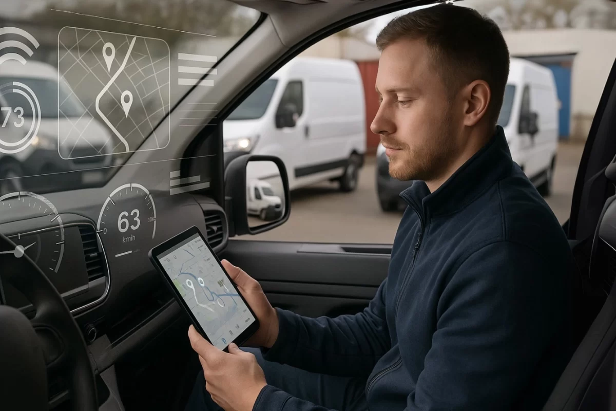 Delivery driver using a digital tablet inside a van with telematics interface showing real-time speed, navigation, and connectivity data for fleet management.