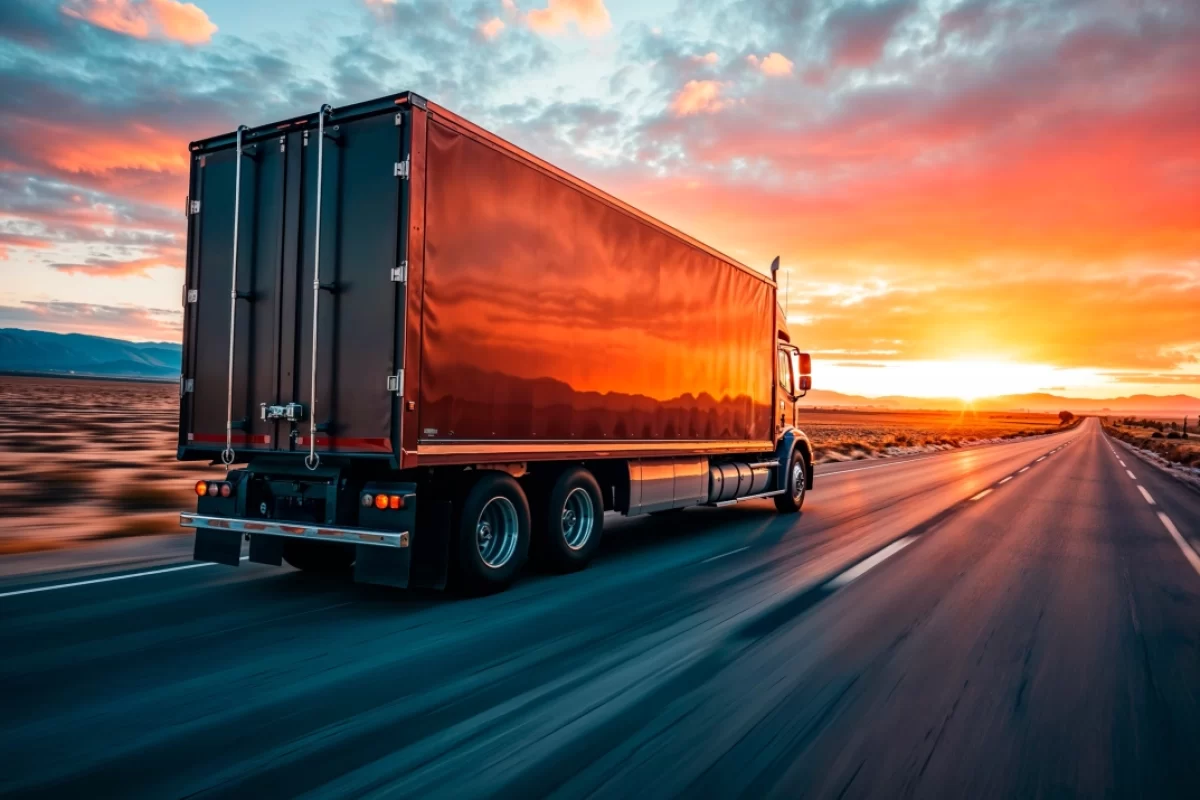 truck driving down a road toward a sunset