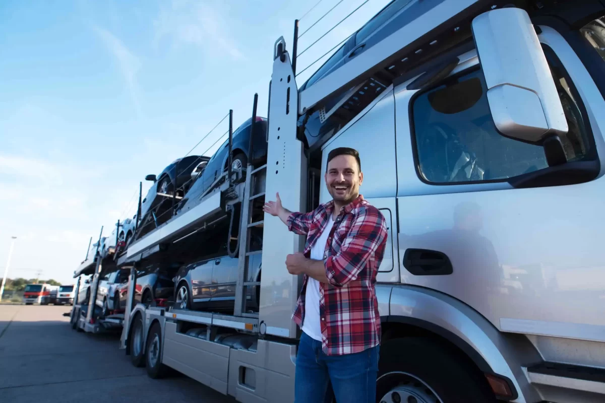 Happy manager showing fleet vehicle