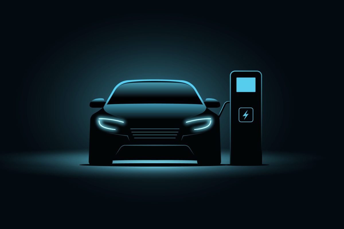 Electric car ev charge station vector concept. Electric vehicle charger energy background neon battery illustration.